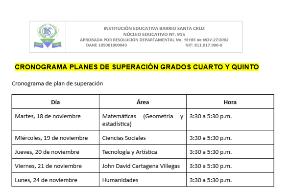 CRONOGRAMA PLANES DE SUPERACIÓN DE CUARTOS Y QUINTOS 2025